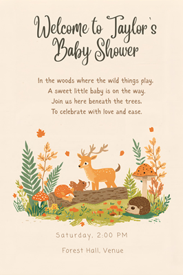 Cozy Woodland Baby Shower Sign with Animals- 24"x36"